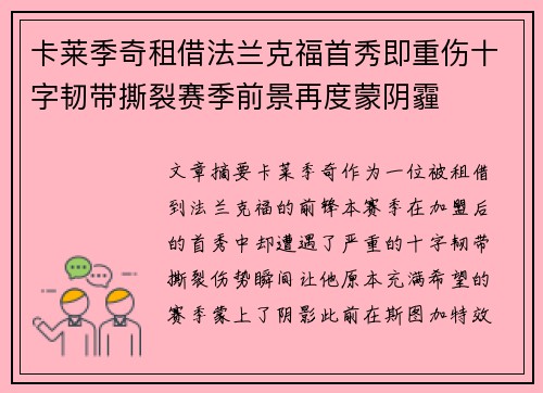卡莱季奇租借法兰克福首秀即重伤十字韧带撕裂赛季前景再度蒙阴霾